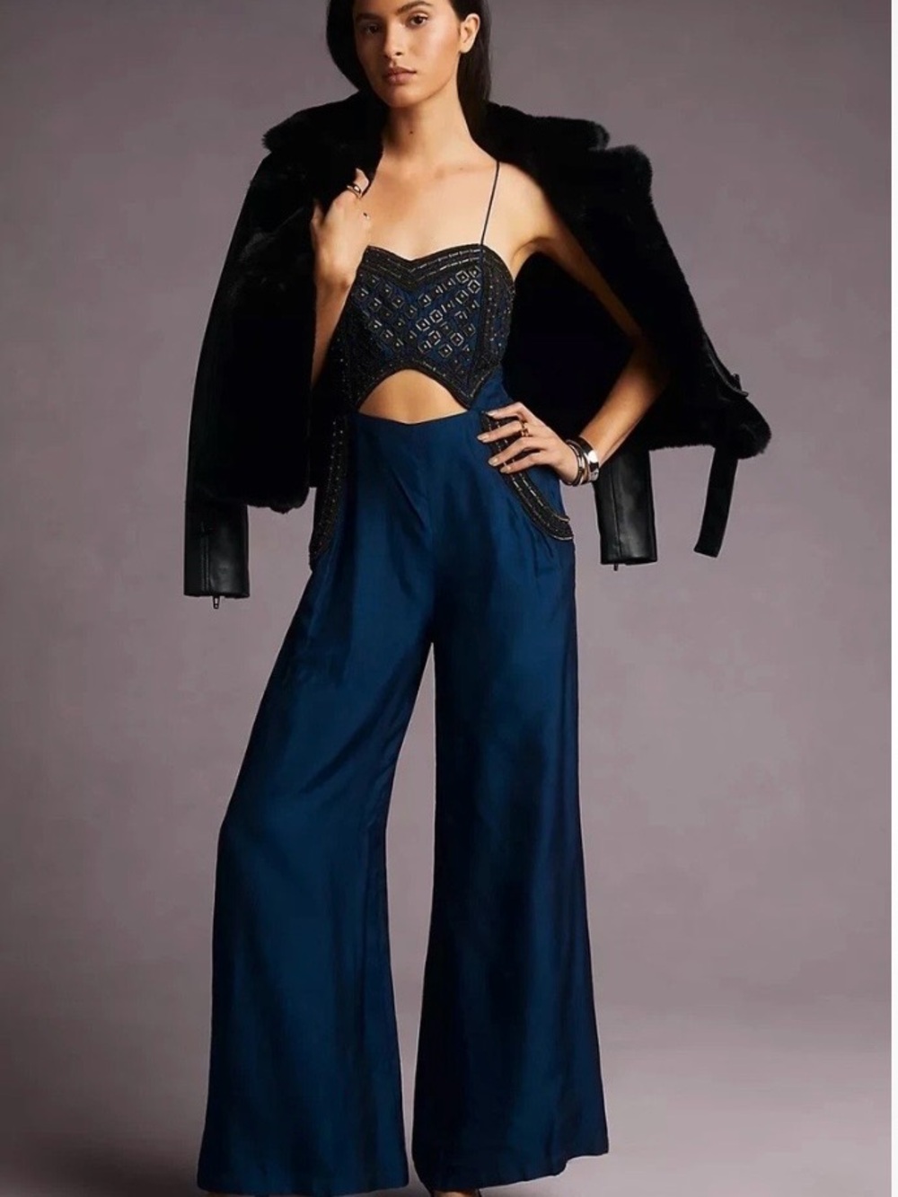 Anthropologie Navy Embellished Wide-Leg Jumpsuit